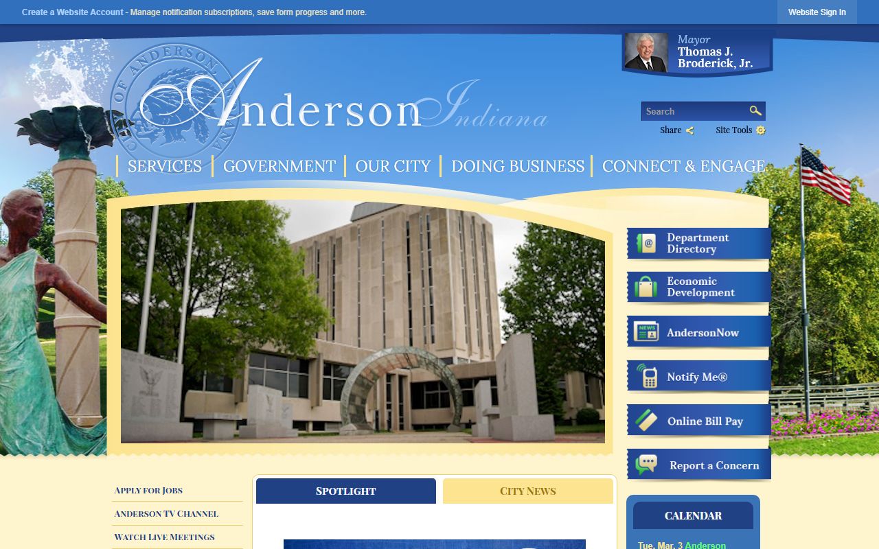 City of Anderson Indiana official website showing links to city court and traffic ticket payment information