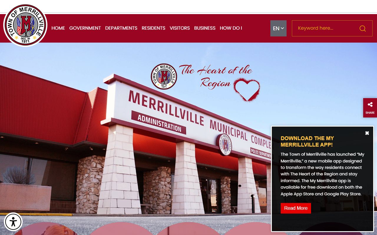 Merrillville Indiana town website showing traffic ticket court resources