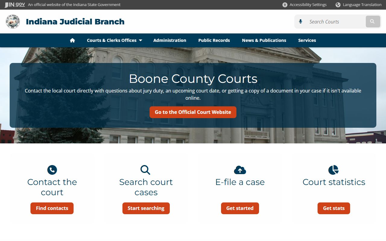 Boone County Indiana government page showing traffic ticket records resources