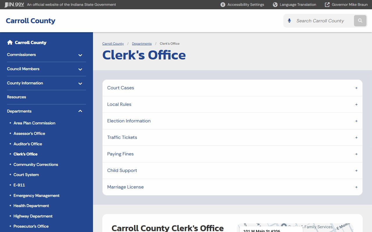 Carroll County Clerk of Courts page for traffic ticket records in Indiana