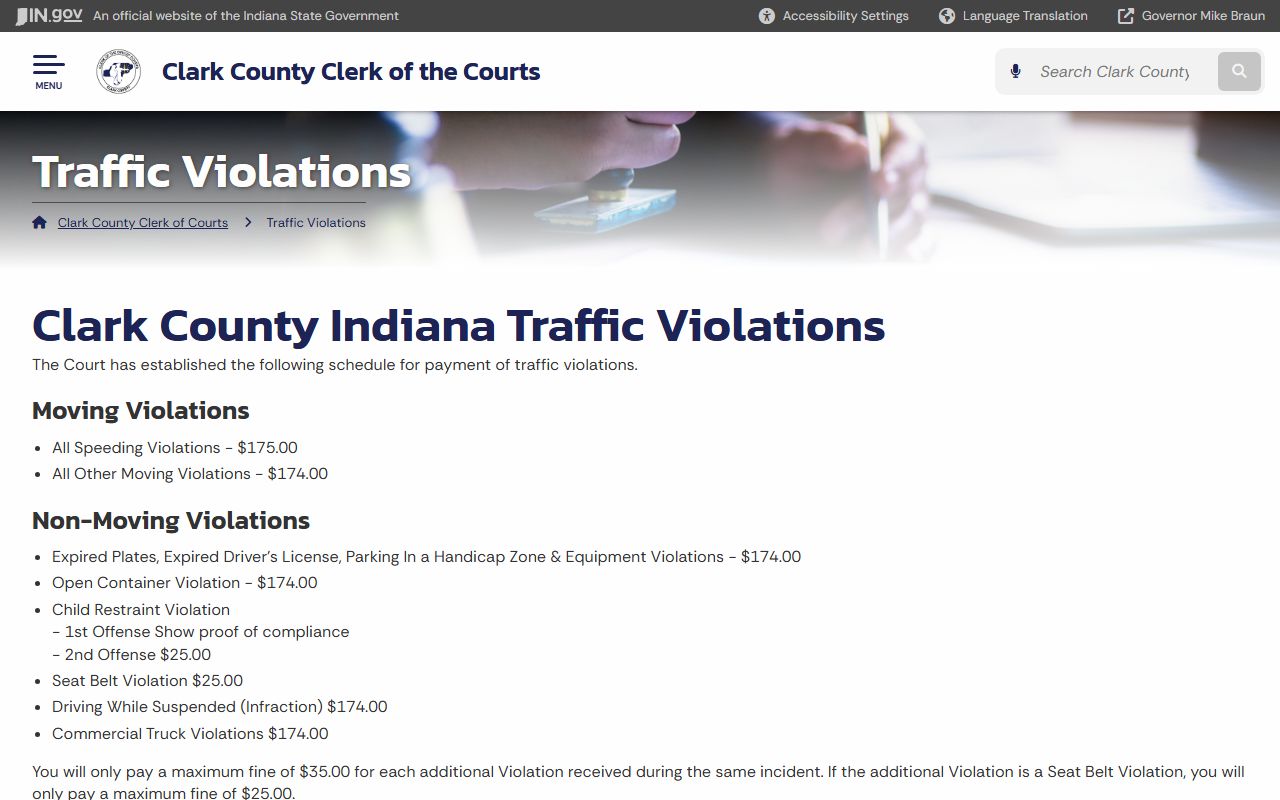 Clark County traffic violations page showing fine amounts for traffic ticket records