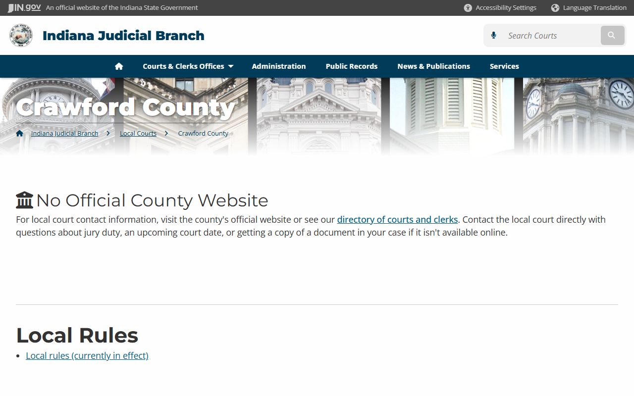 Crawford County Indiana judicial branch page for traffic ticket records