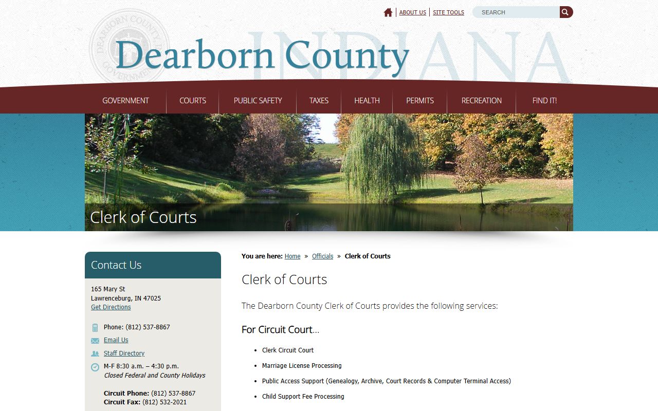 Dearborn County Clerk of Courts page for traffic ticket records in Lawrenceburg Indiana