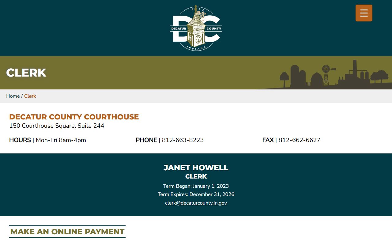 Decatur County Clerk office page for traffic ticket records in Greensburg Indiana