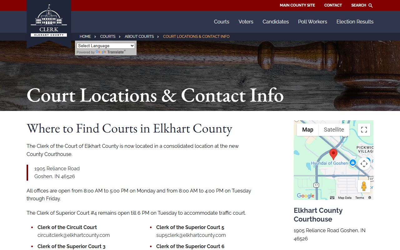 Elkhart County court locations page for traffic ticket records across the county