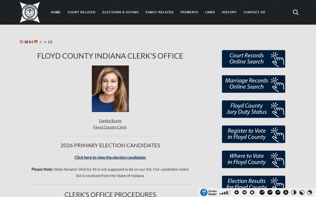 Floyd County Clerk of Courts homepage for traffic ticket records in New Albany Indiana