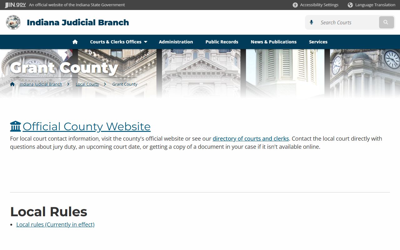 Grant County Indiana Judicial Branch page for traffic ticket records