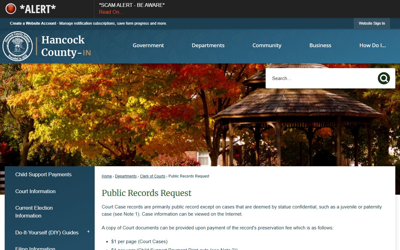 Hancock County Indiana government page for traffic ticket records