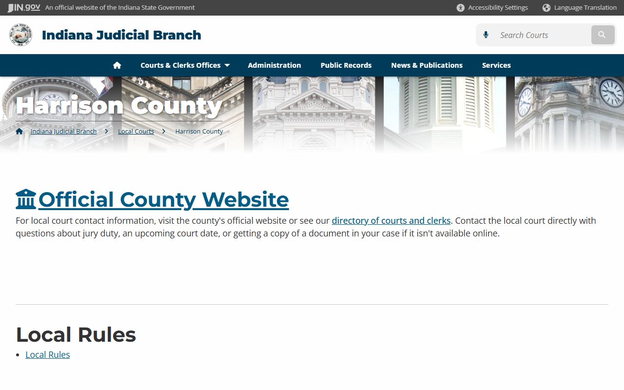 Harrison County Indiana Judicial Branch page for traffic ticket records