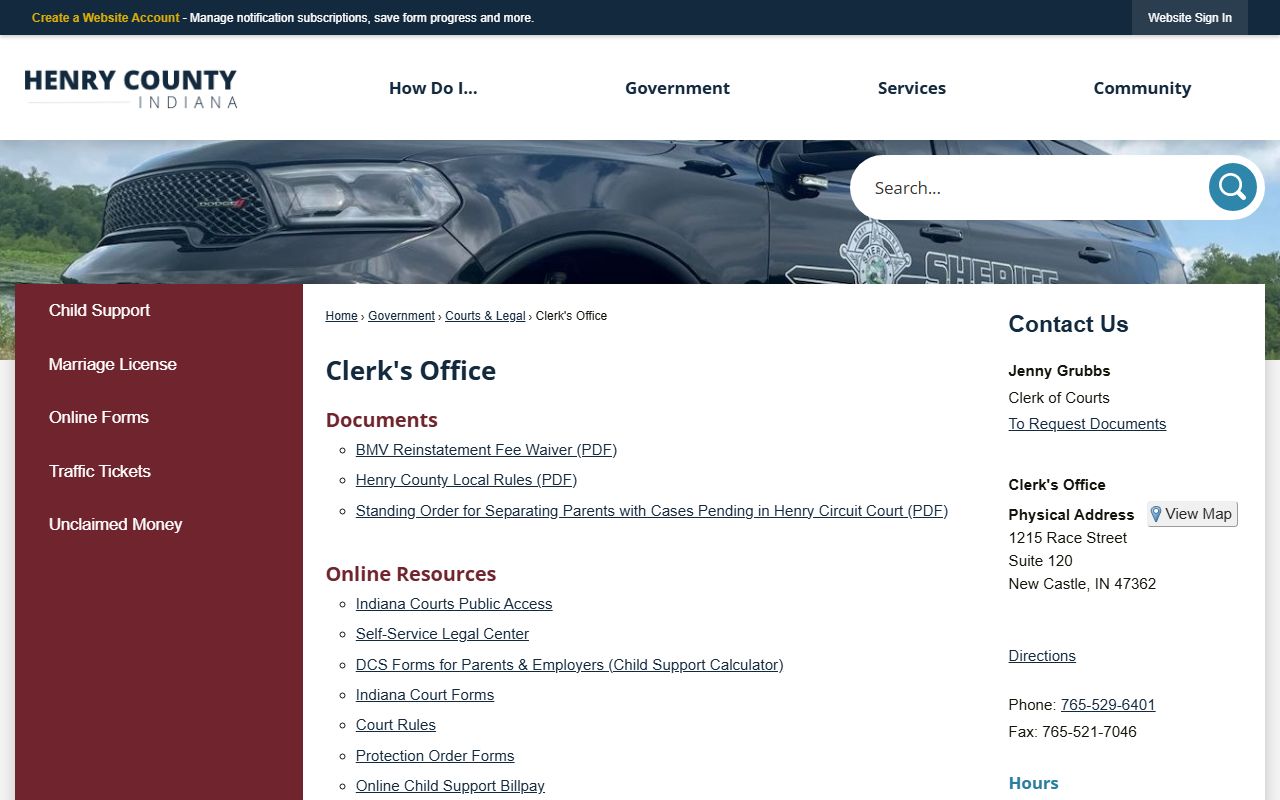 Henry County Indiana traffic tickets page showing how to handle citations and access traffic ticket records