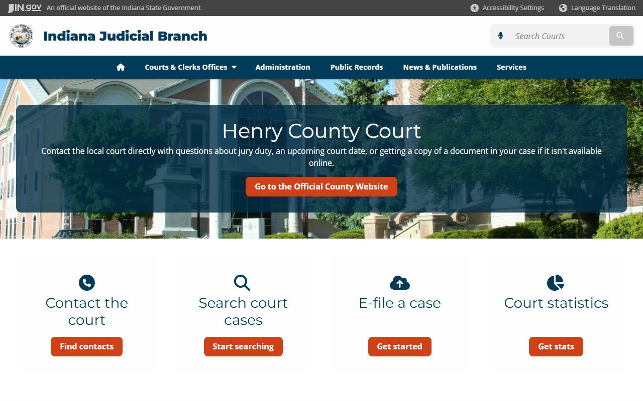 Indiana Judicial Branch page for Henry County showing local courts for traffic ticket records