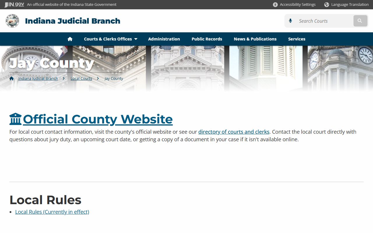 Indiana Judicial Branch local court page for Jay County traffic ticket records