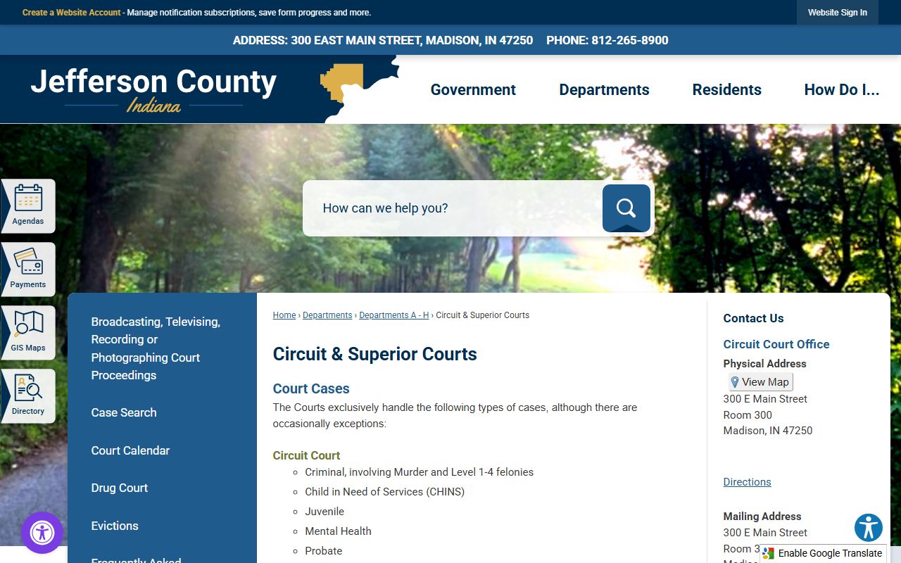 Jefferson County Indiana government page with clerk contact information for traffic ticket records