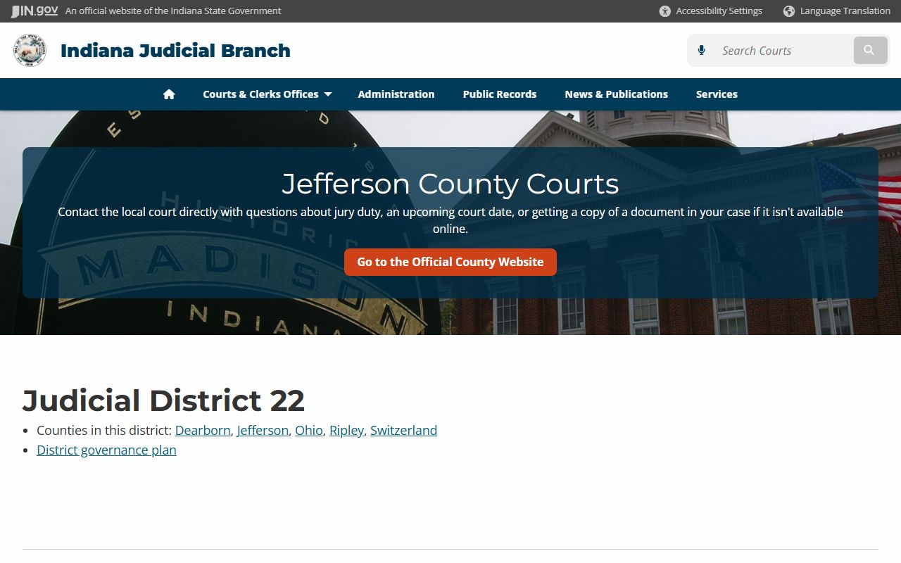 Indiana Judicial Branch local court page for Jefferson County traffic ticket records
