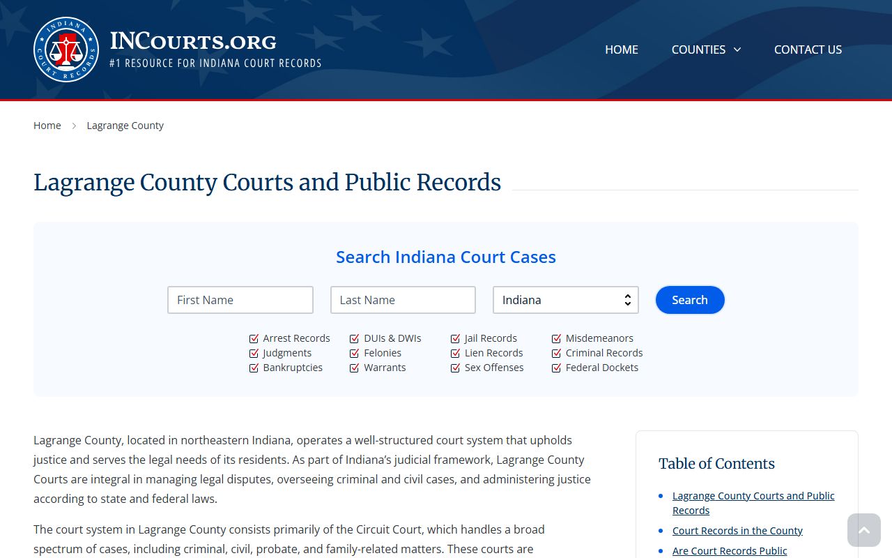 INCourts court information page for LaGrange County traffic ticket records