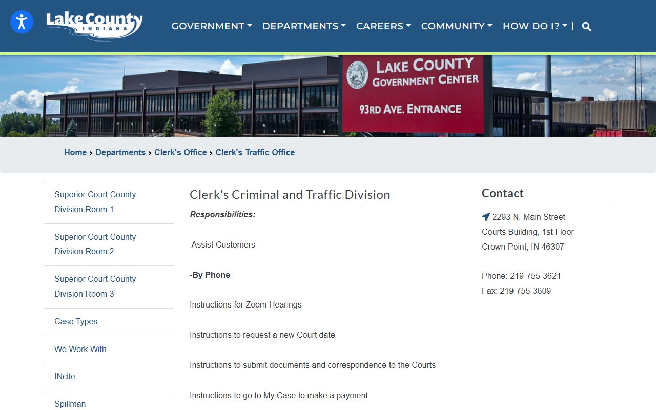 Lake County Indiana Clerk Traffic Division page for searching and paying traffic ticket records
