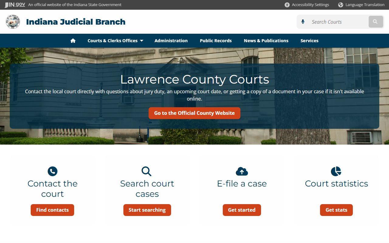 Indiana Judicial Branch local courts page for Lawrence County traffic ticket records in Bedford Indiana
