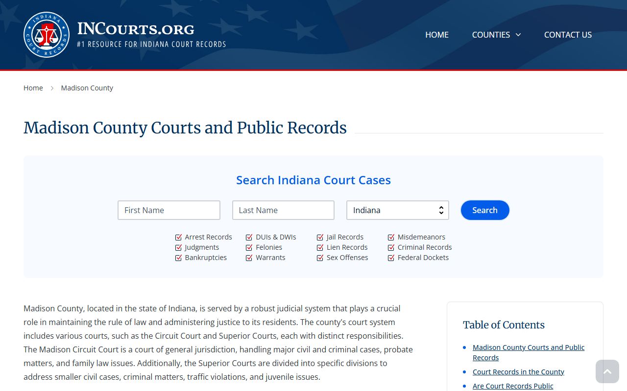 INCourts court information page for Madison County traffic ticket records and local court contacts