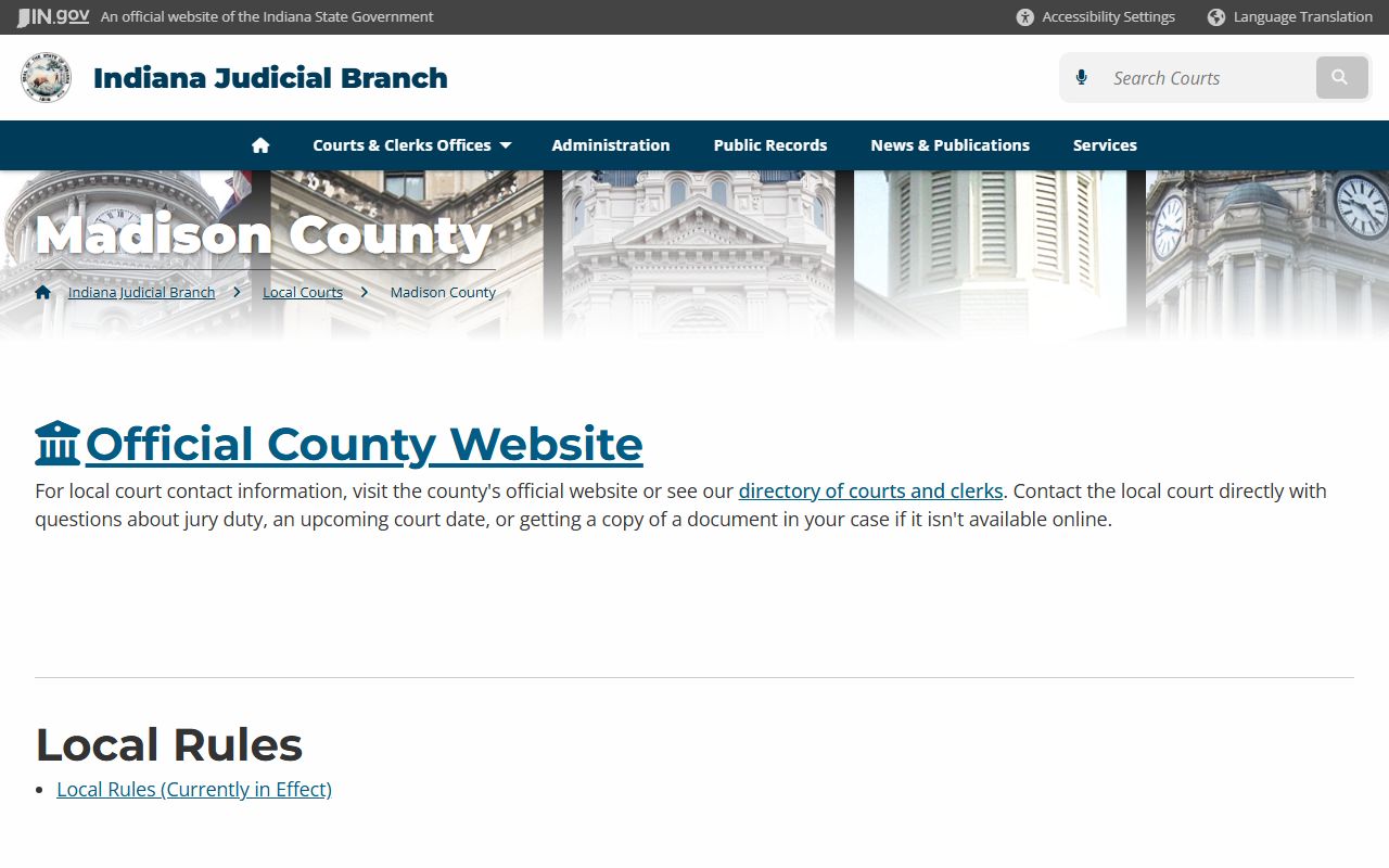 Indiana Judicial Branch local courts page for Madison County traffic ticket records in Anderson Indiana