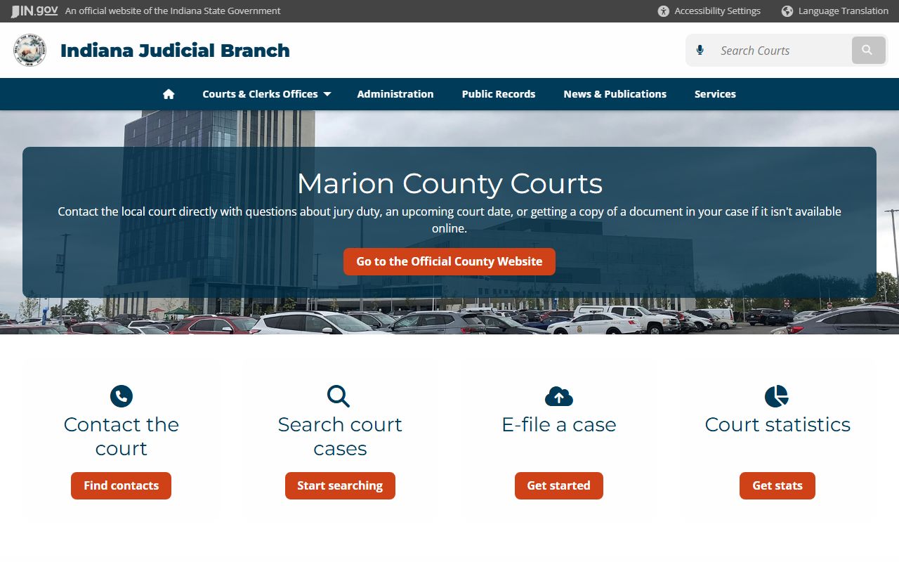 Indiana Judicial Branch local court information page for Marion County traffic ticket records