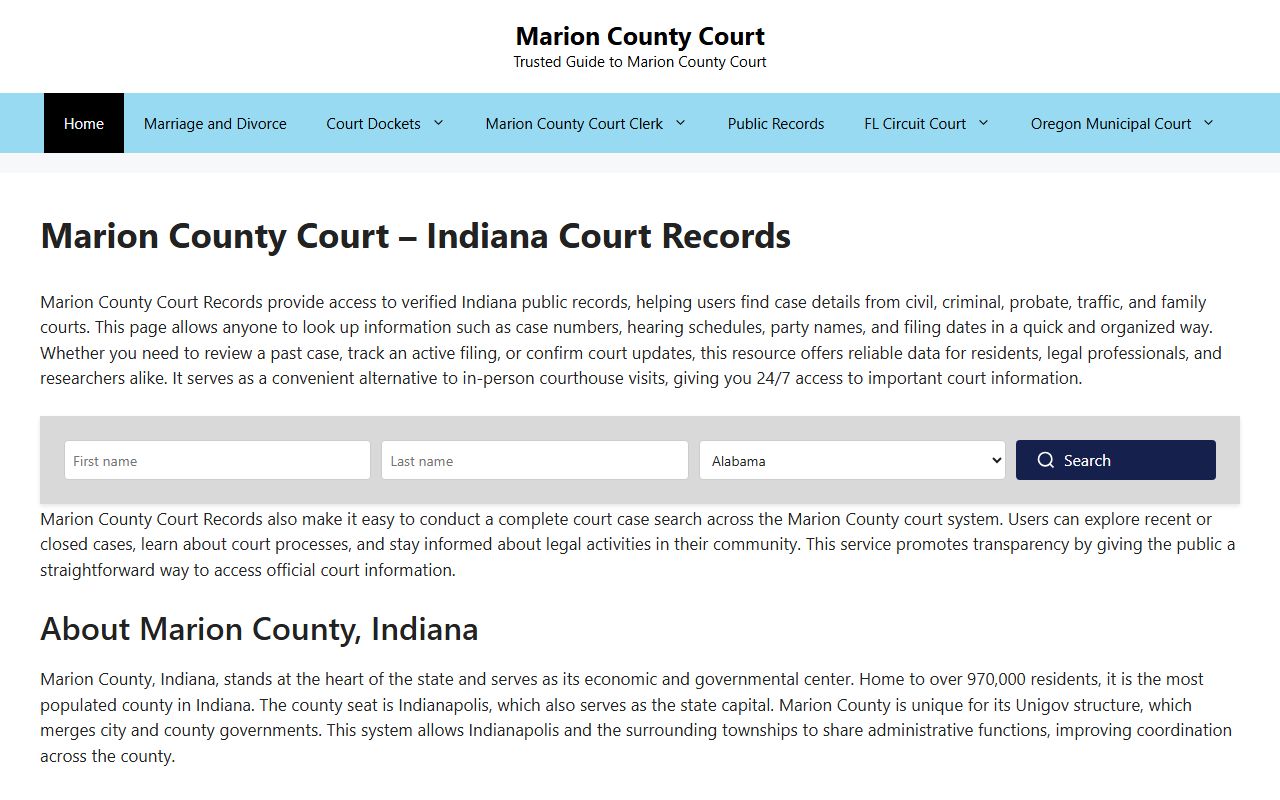 Marion County Courts portal showing traffic case search options and resources