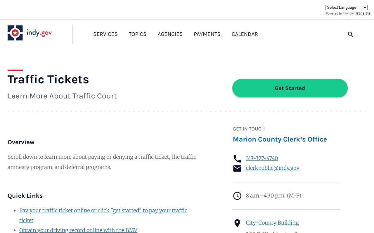 Indianapolis pay traffic ticket page for Marion County citations