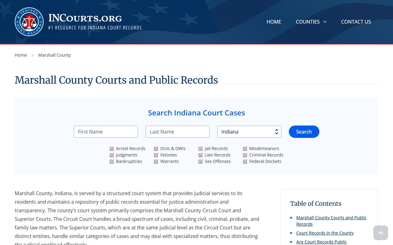 Marshall County court information page for traffic ticket records