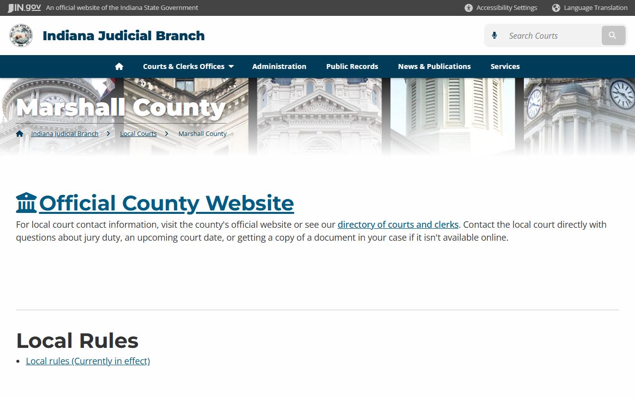 Indiana Judicial Branch local court information page for Marshall County traffic ticket records