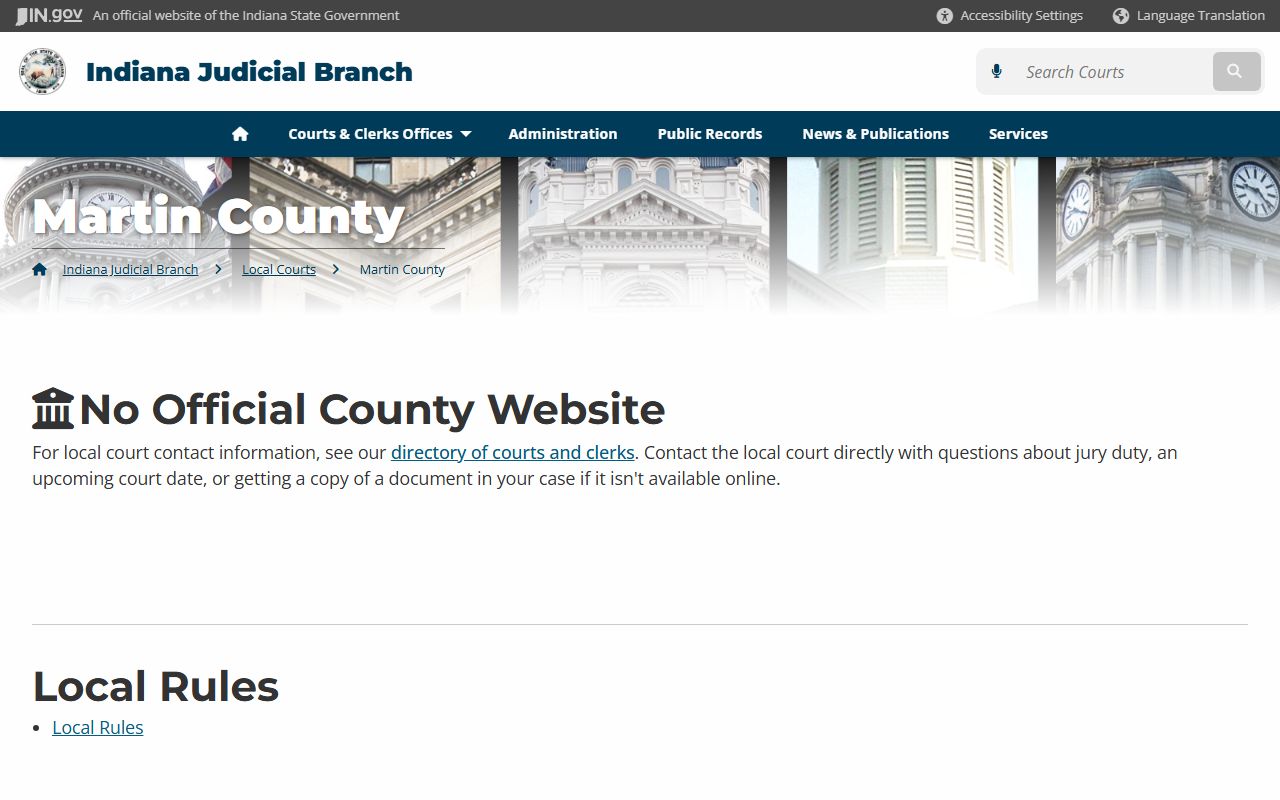 Indiana Judicial Branch local court information page for Martin County traffic ticket records