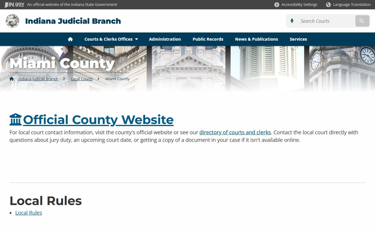 Indiana Judicial Branch local court information page for Miami County traffic ticket records
