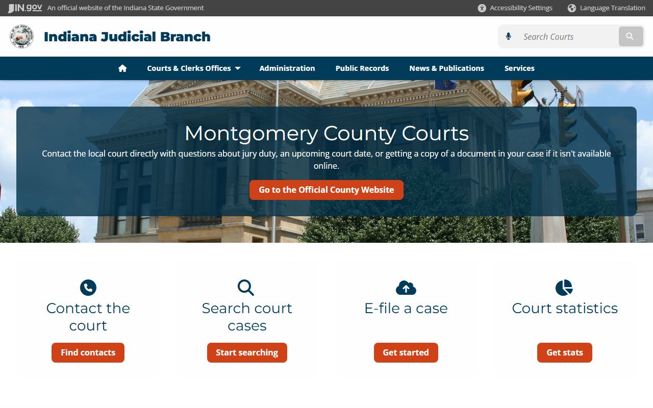 Indiana Judicial Branch local court information page for Montgomery County traffic ticket records