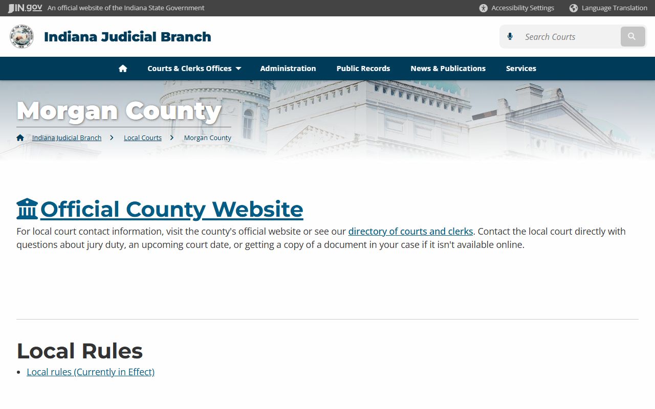 Indiana Judicial Branch local court information page for Morgan County traffic ticket records