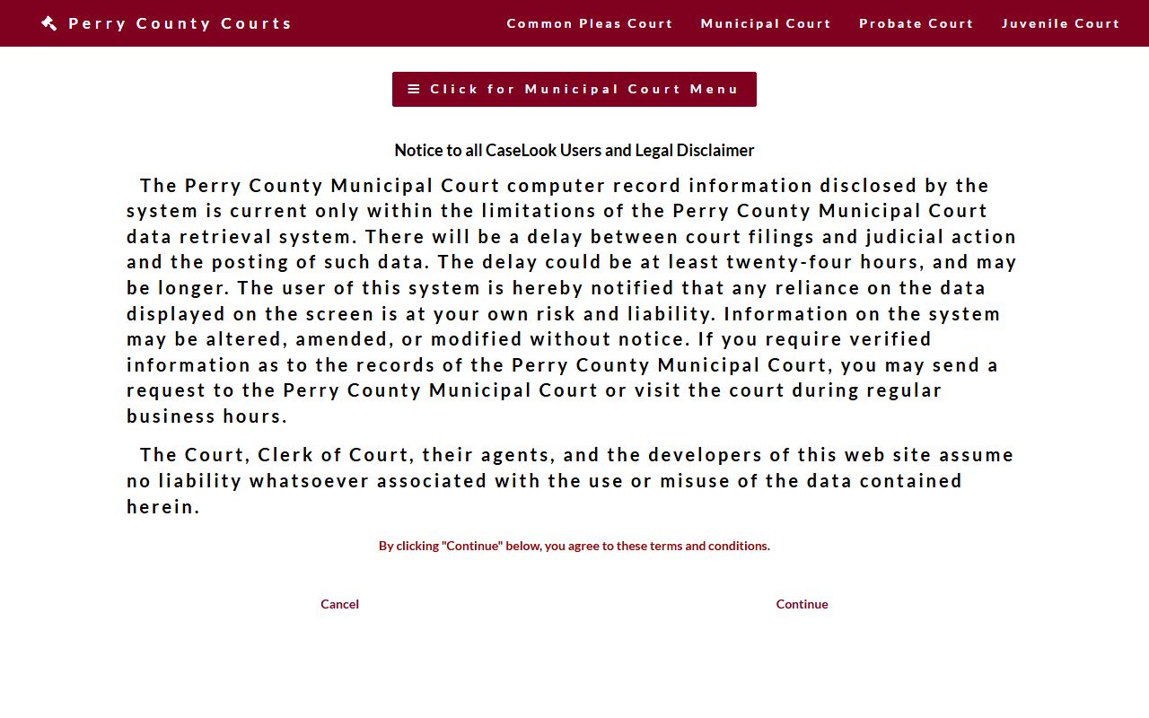 Perry County Courts online record search page