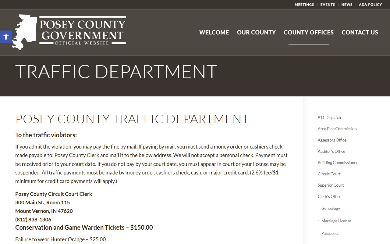 Posey County traffic department page on county website
