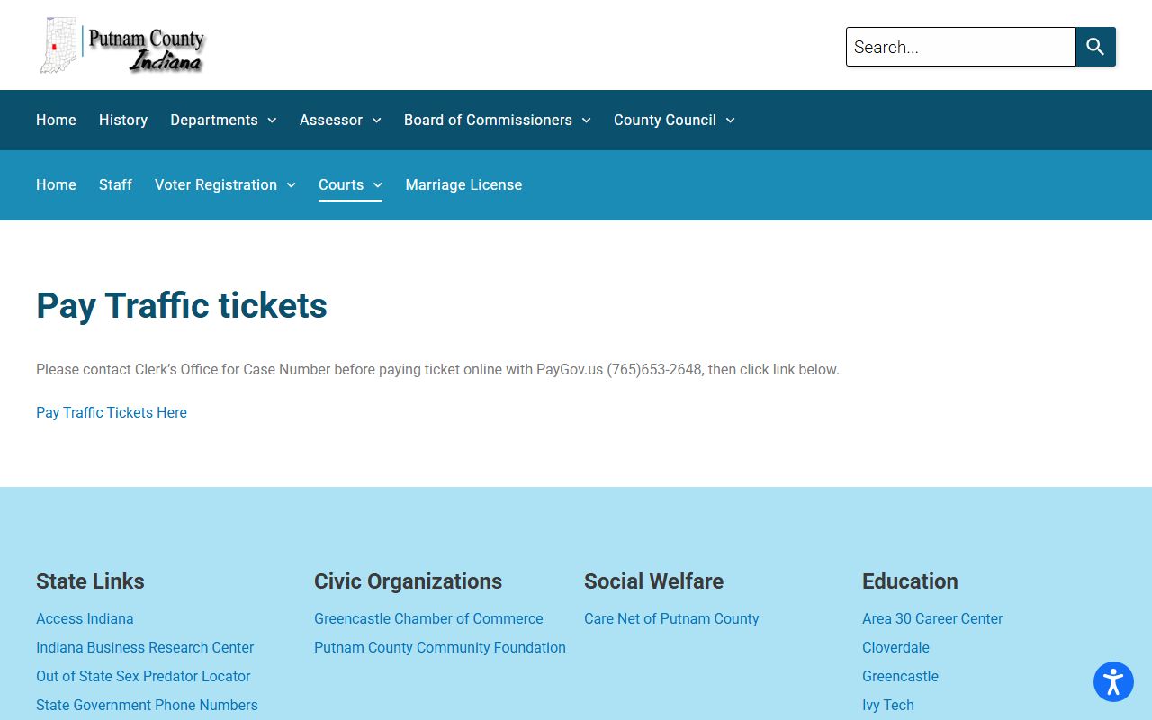 Putnam County pay traffic tickets page linking to the PayGov payment system