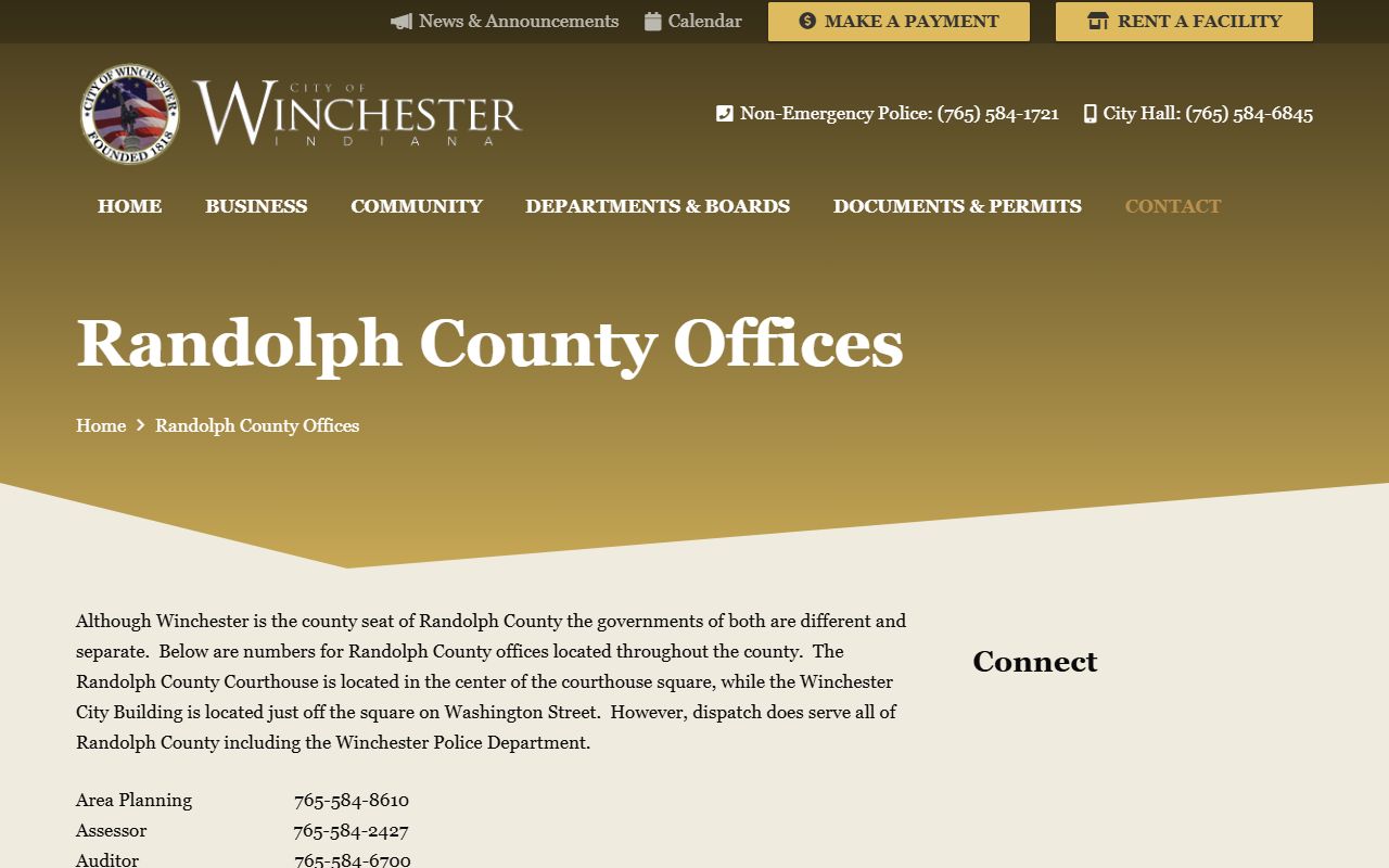 Randolph County offices directory listing clerk contact information and county departments in Winchester Indiana