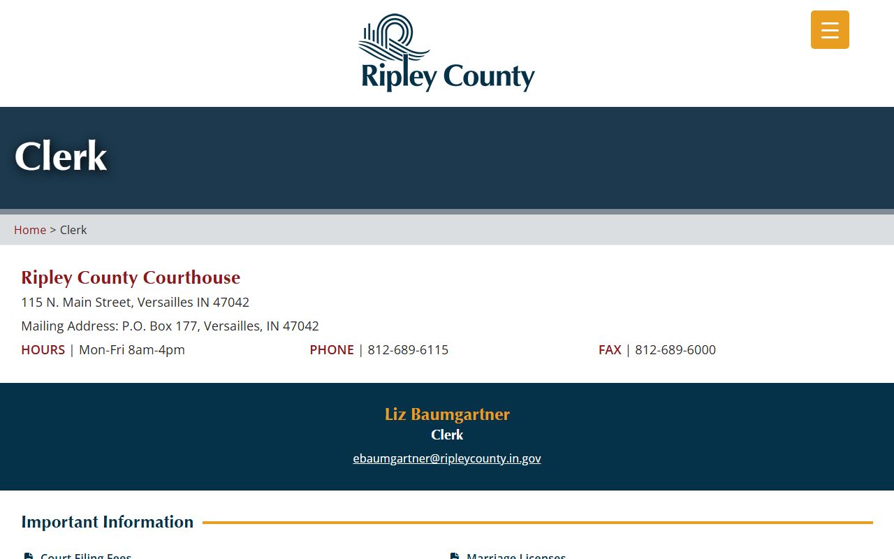 Ripley County Clerk of Courts office page on the official county website showing contact information and services