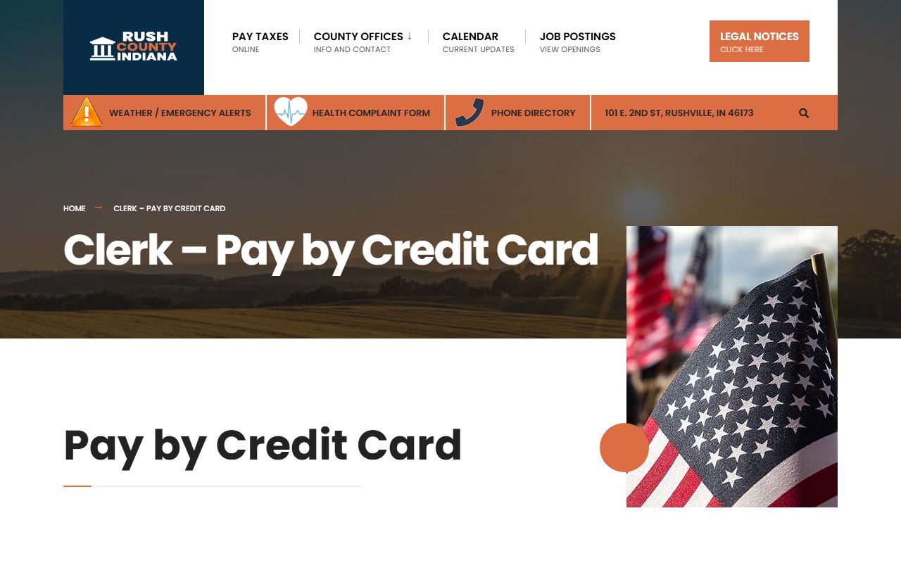 Rush County pay by credit card page linking to PayGov online payment system for traffic fines