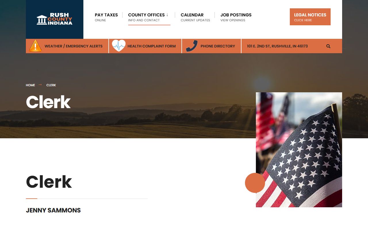 Rush County Clerk of Courts page showing office services and contact information in Rushville Indiana