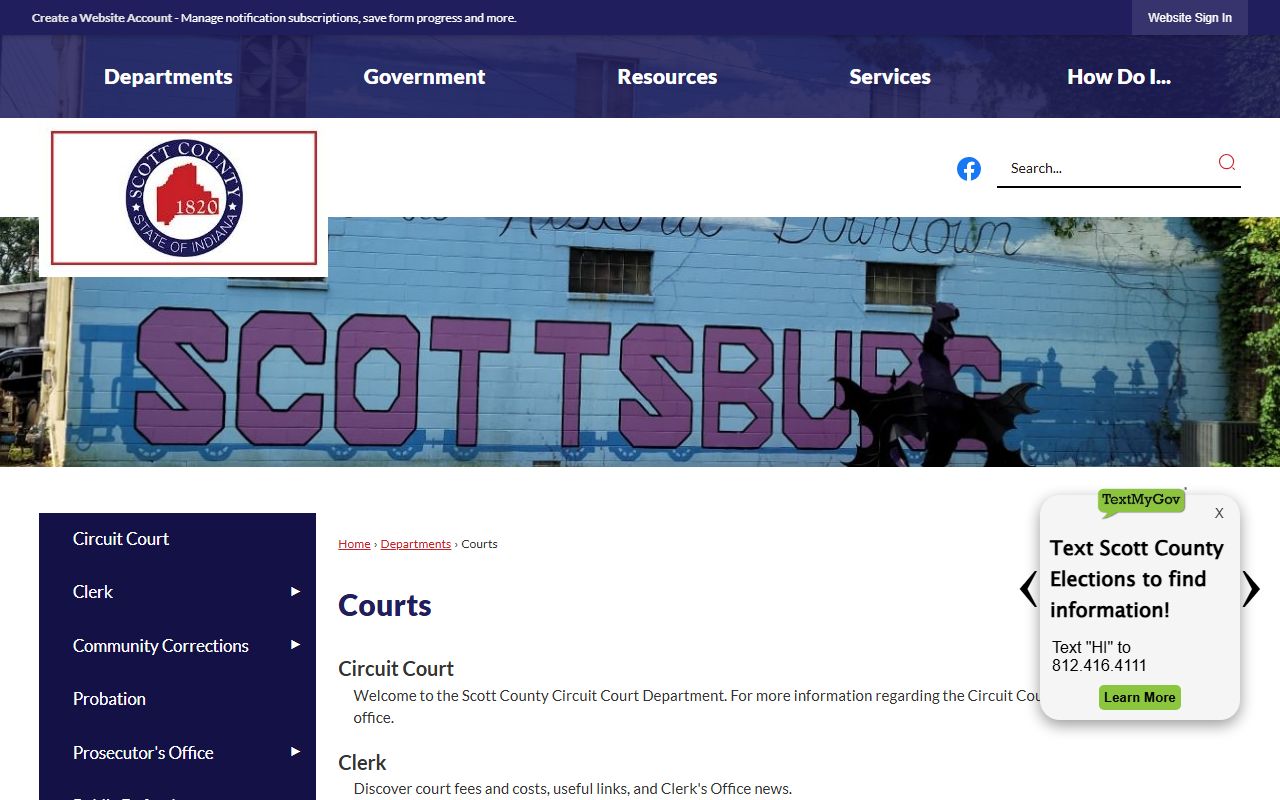 Scott County courts page on the official county website listing courts and case types handled in Scottsburg