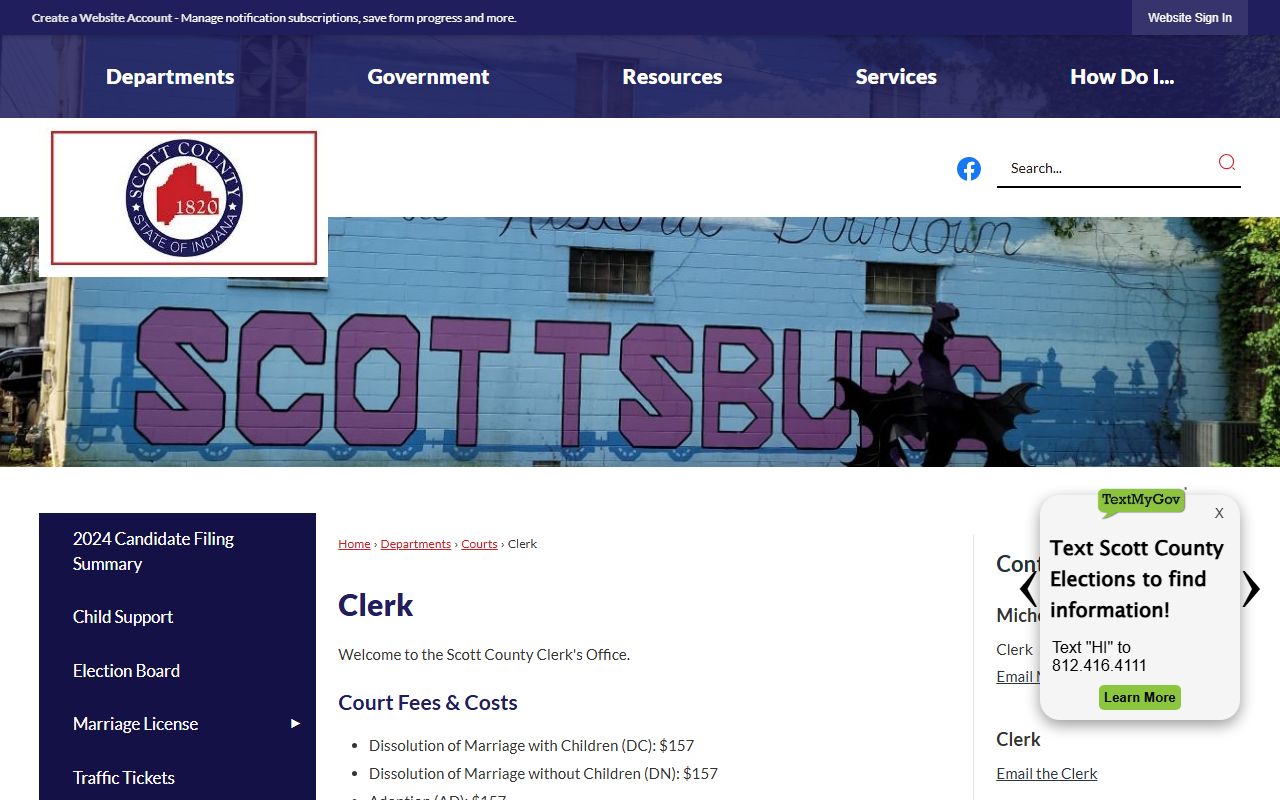 Scott County Clerk of Courts page on the official county website with address, phone, and office hours