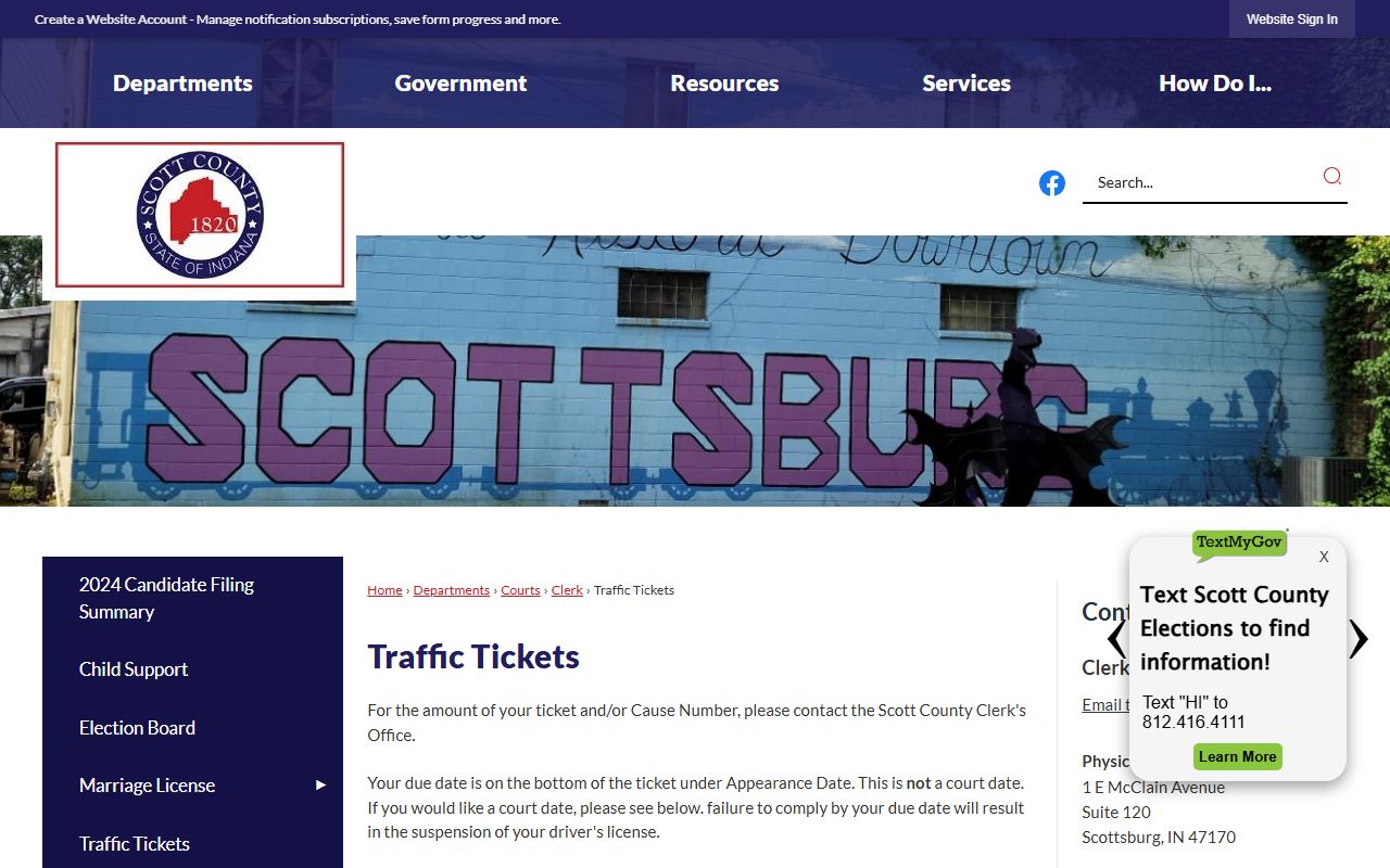 Scott County Indiana traffic tickets page showing payment options and steps for handling a citation