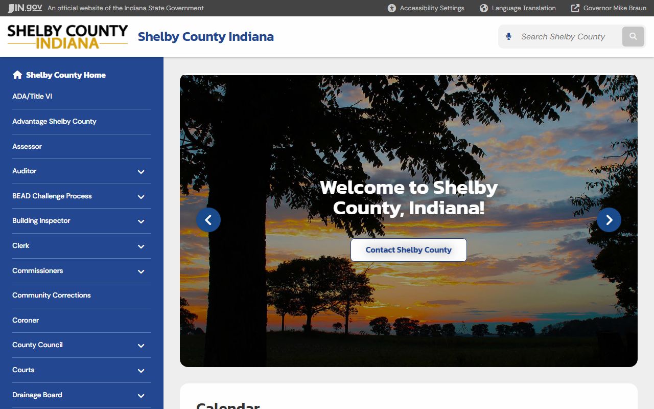 Shelby County Indiana official website homepage with links to courts and clerk office in Shelbyville