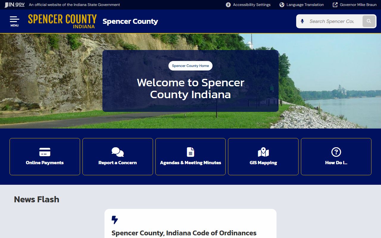 Spencer County Indiana official website homepage with county offices and court service information in Rockport