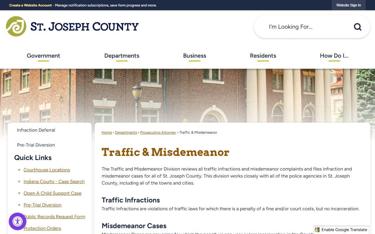 St. Joseph County Clerk of Courts page on the official county website with contact information and office services