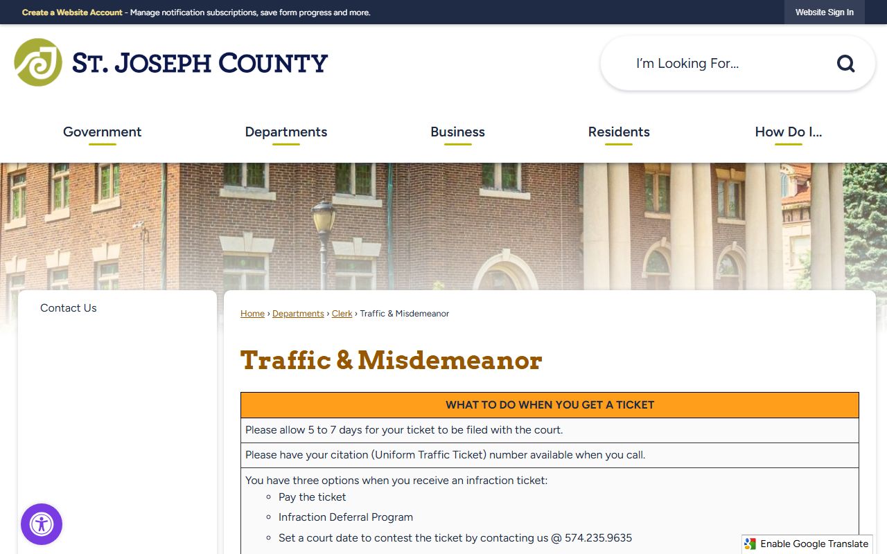 St. Joseph County traffic and misdemeanor page on the official county website with payment and hearing information