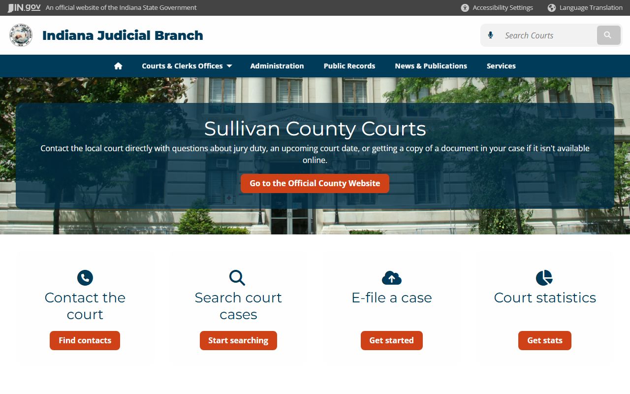 Indiana Judicial Branch local court page for Sullivan County showing court structure and contact information