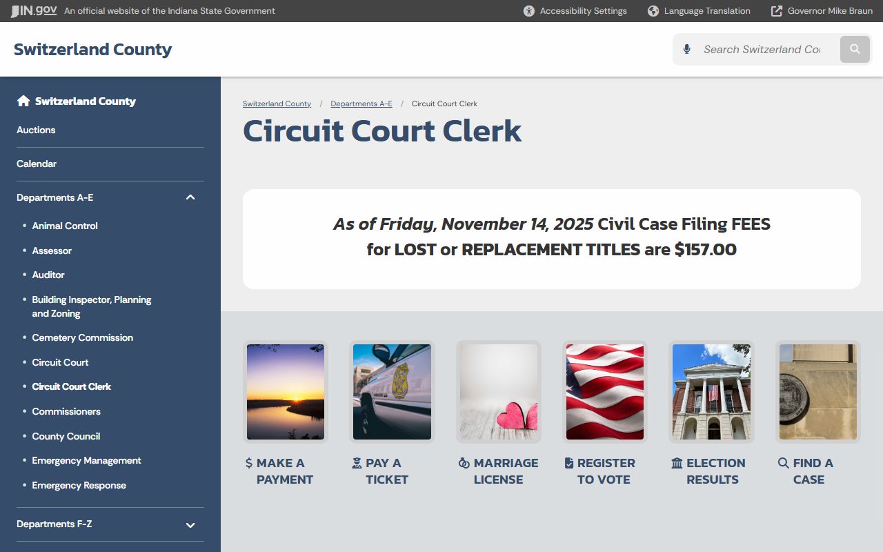 Switzerland County Circuit Court Clerk page on IN.gov