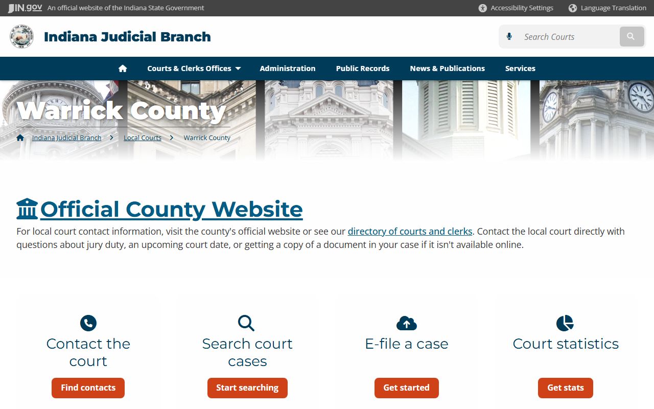 Warrick County Indiana Judicial Branch court directory page