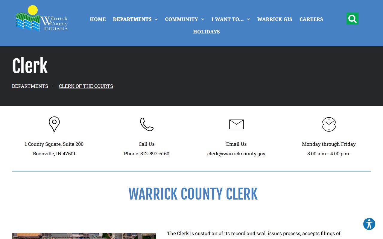 Warrick County Indiana Clerk of Courts main page